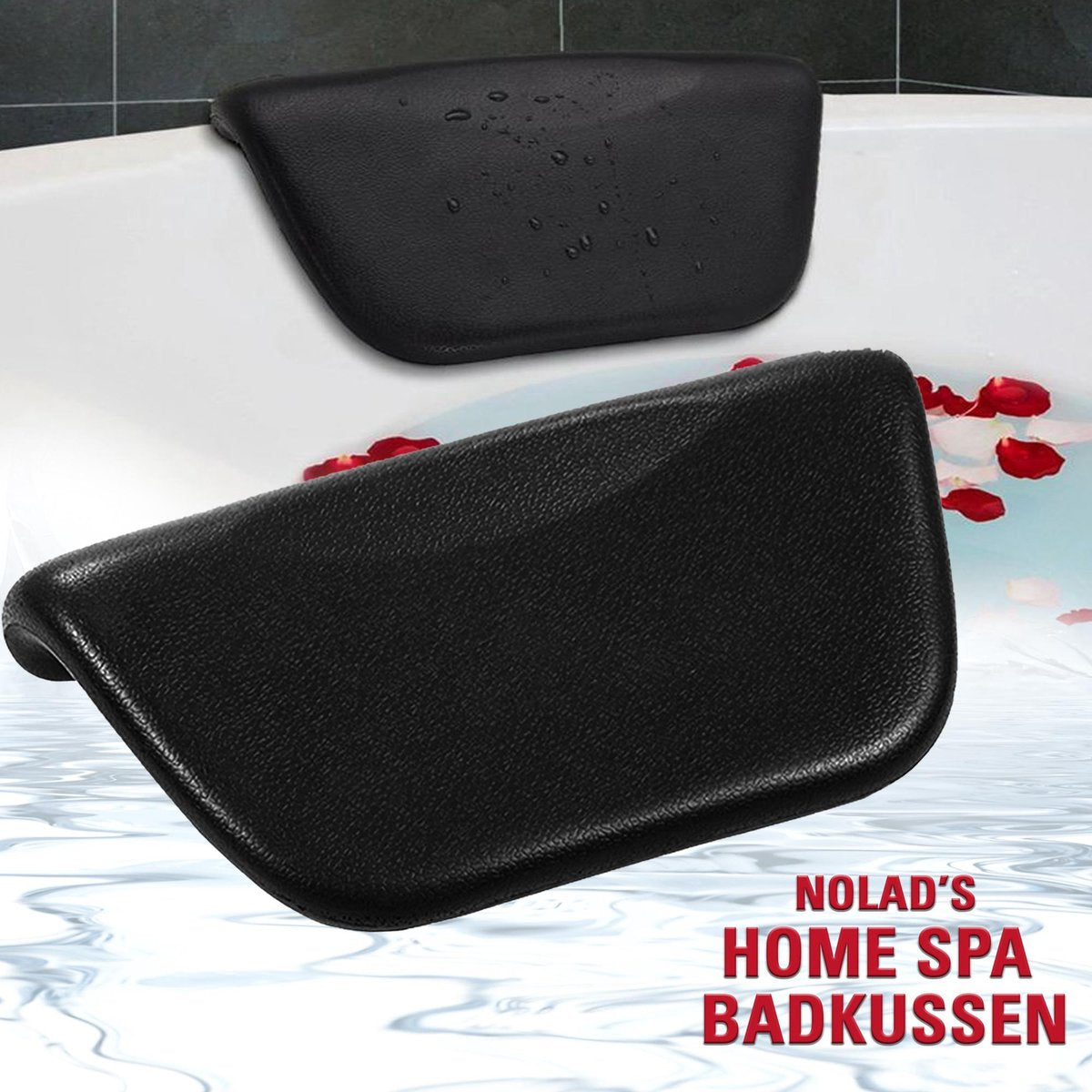 Nolad® Home Spa badkussen met zuignappen – Badkussen voor home spa – Ideaal cadeau - Hoofdsteun Kussen met antislip – Ideale ontspanning voor de hoofd en nek – Heerlijk voor in bad of de jacuzzi - Zwart