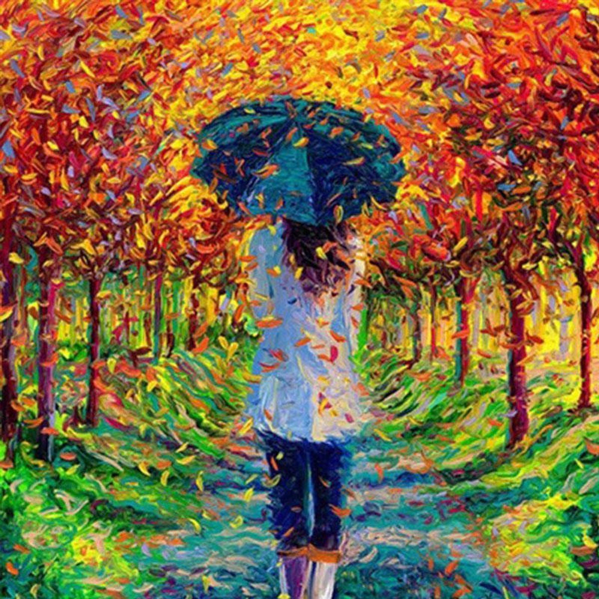 Diamond Painting Volwassenen- Paraplu Meisje Herfst - 50x75 cm (Volledige Bedekking) - Inclusief Premium Tools