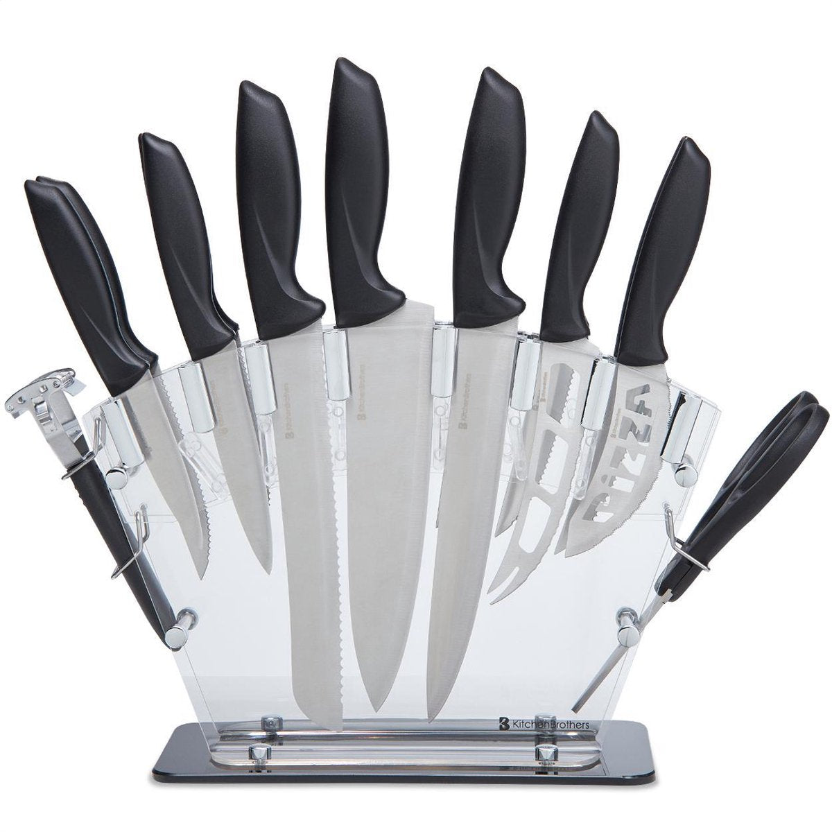KitchenBrothers Messenset met Blok - 17-Delig - Keukenmessen incl. Koksmes - Messenslijper en Keukenschaar - Anti Kleeflaag - RVS / Zwart Handvat