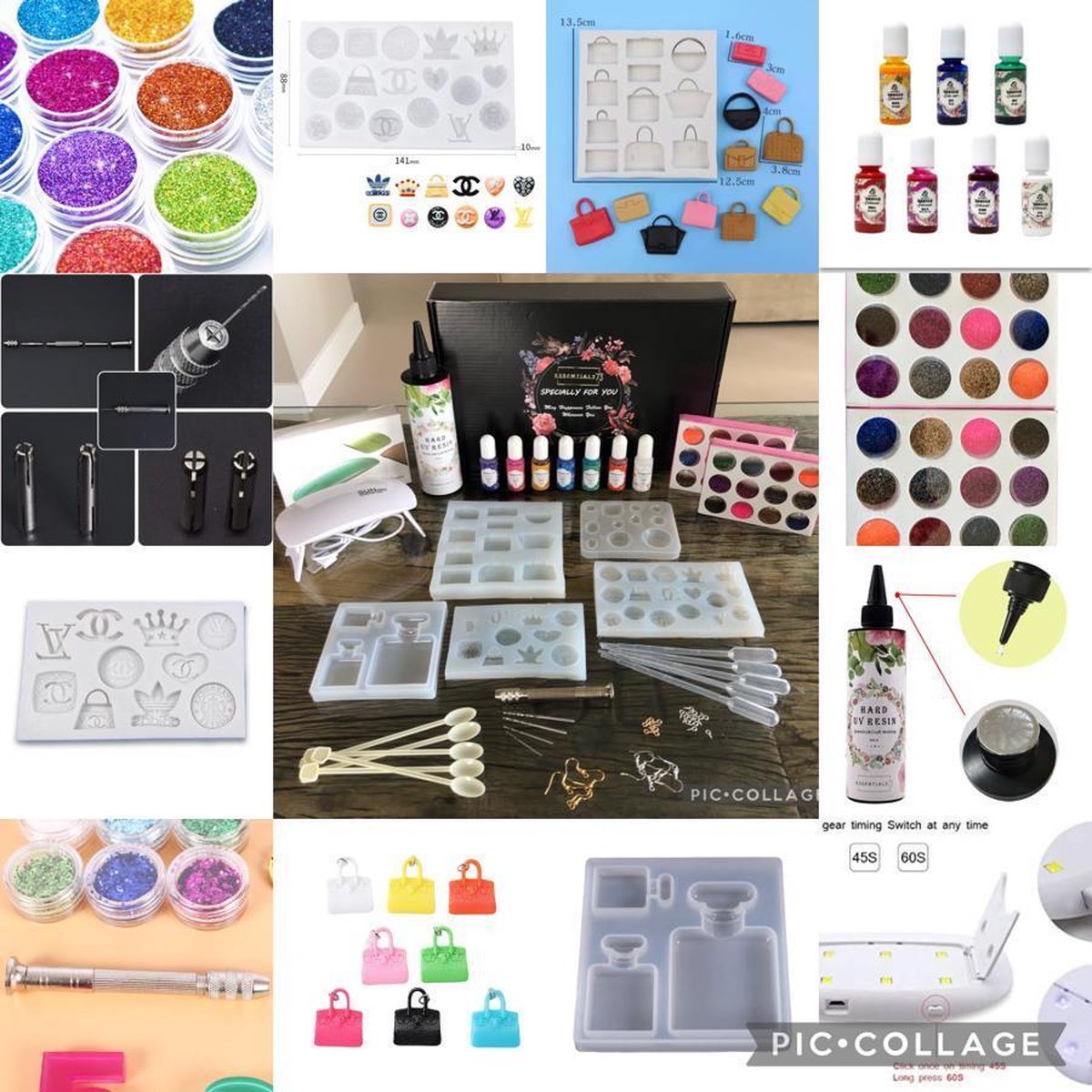 Meest complete Uv Resin hars sieraden set / kit Designers Logo's incl UV lamp & 7 kleuren inkt + vele accessoires - DIY Set - Epoxy - Resin Art - Gieten - Do it Yourself