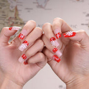 24-delige kunstnagel Art-decoratieset. Rood en roze met sneeuwvlokken en glitter. Volledige dekking DIY nep nagels. 10 verschillende maten en minimaal 2 stuks per maat