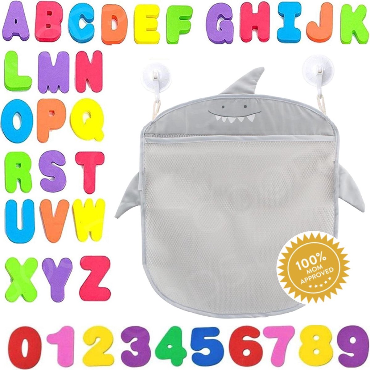 WithGoods® multifunctionele grijze badspeelgoed opberg tas – Bath toy organizer – Speelgoed zak – Badspeelgoed opbergen – Inclusief 36 letters & cijfers – Waterspeelset – Speelgoed voor in bad – Badspeeltjes