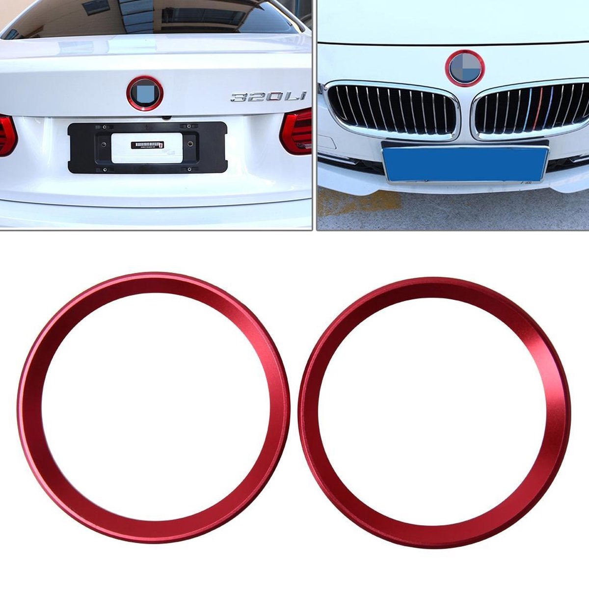 2 STKS Auto Logo Decoratieve Cirkel Stuurwiel Decoratie Ring Sticker Logo Auto Styling Modificatie Auto Voor Logo Ring Decoratie Achter Cover Trim Kap Embleem Ringen voor BMW 5 Serie (rood)