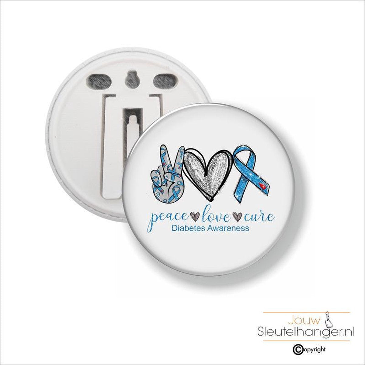 Button Met Clip 58 MM - Peace Love Cure Diabetes Awareness