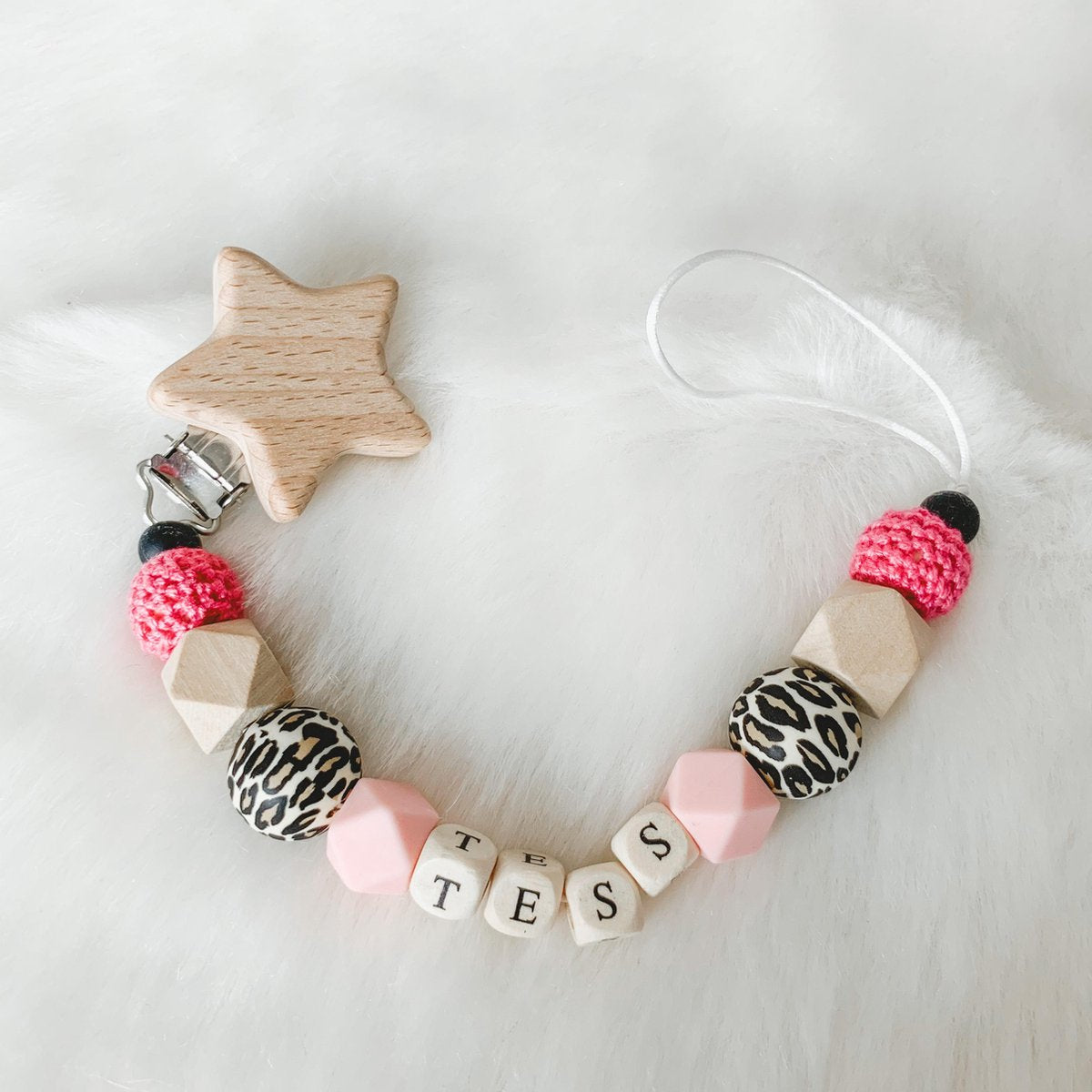 Babybeads - Speenkoord met naam - Roze met tijgerprint