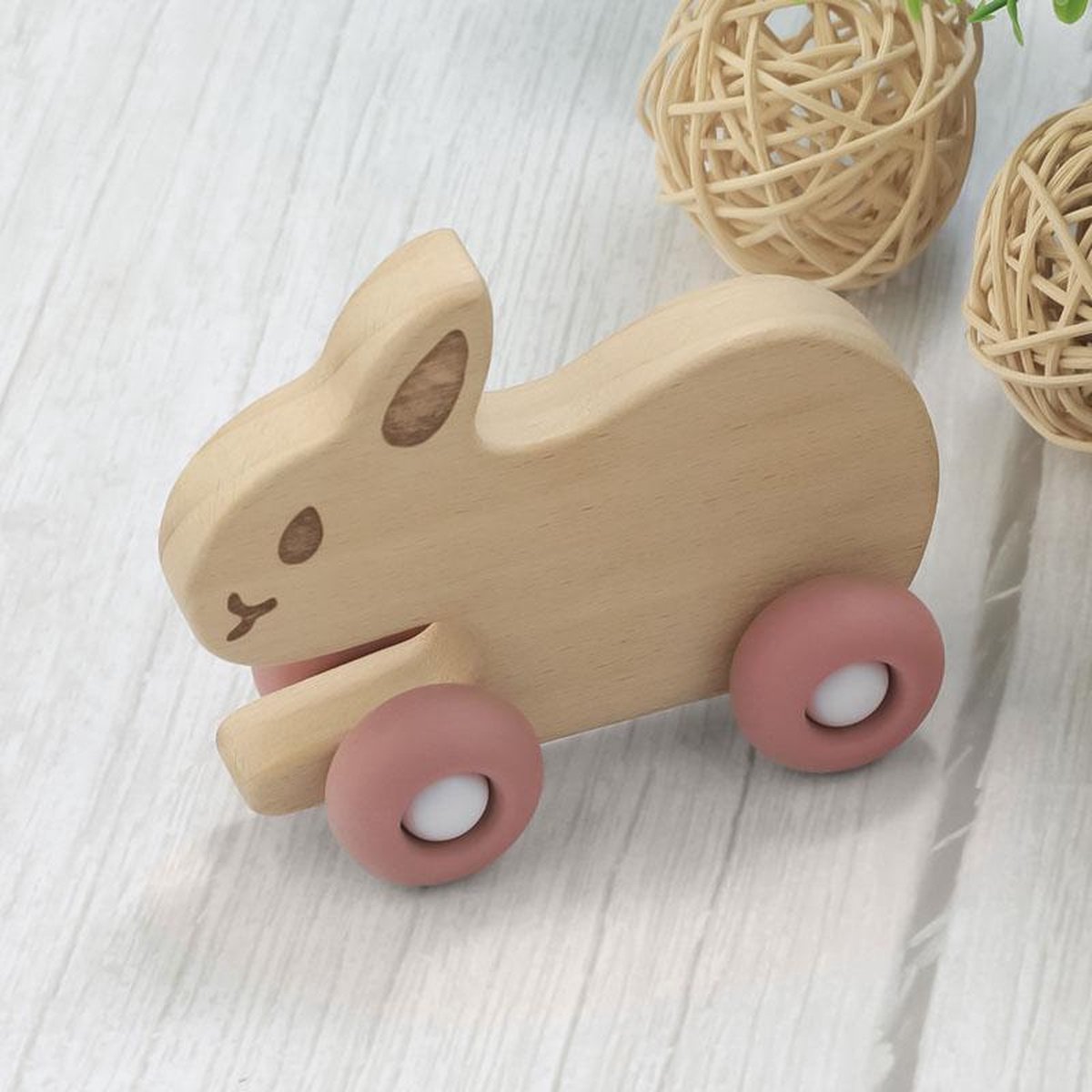 Houten Rammelaar Baby Konijn - Houten Speelgoed Kinderen - Bijtring Baby Kindvriendelijk en Veilig met Siliconen Wielen - Zachte Pastelkleuren - WoodyDoody