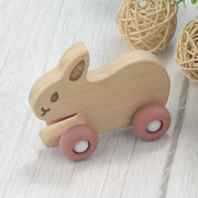 Houten Rammelaar Baby Konijn - Houten Speelgoed Kinderen - Bijtring Baby Kindvriendelijk en Veilig met Siliconen Wielen - Zachte Pastelkleuren - WoodyDoody