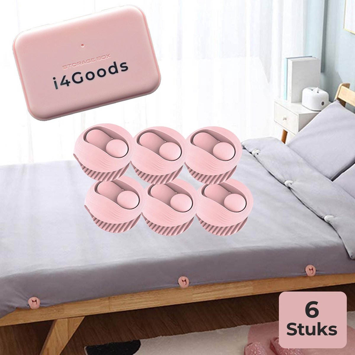 i4Goods Dekbedclips 6 Stuks - Dekbed klemmen - Lakenspanners - Dekbed Knijpers - In Handig Reisdoosje - Licht Roze - Laken klem - Sokken Knijpers