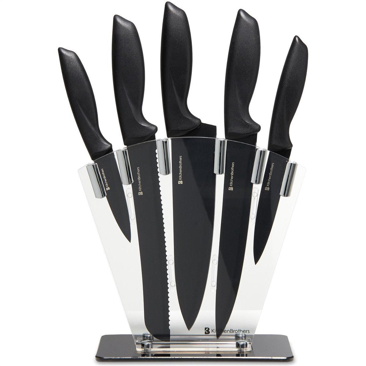 KitchenBrothers Messenset met Blok - 7-Delig - Keukenmessen incl. Koksmes - Met Messenslijper - Anti Kleeflaag - Zwart