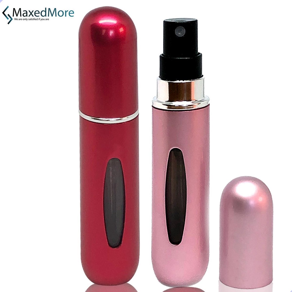 MaxedMore Navulbare Parfumverstuiver 5ml Rood & Donkerroze - 65 Keer Spraybare Parfum Verstuiver - Hervulbaar Tasverstuiver voor Parfum - Meeneem Mini Geur Flesje voor op Reis - Lipstick Formaat Navulbaar Parfumflesje