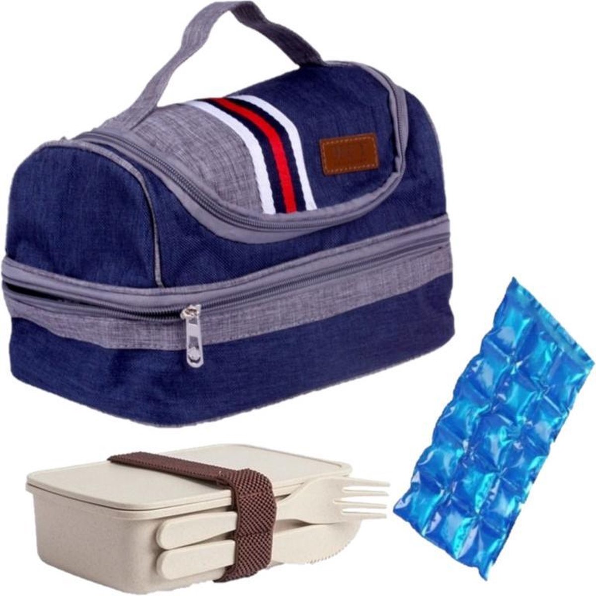 Kleine koeltas voor lunch blauw met lunchbox met bestek en flexibel koelelement 5.4 liter
