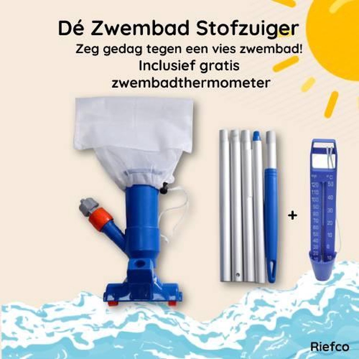 Riefco Zwembadstofzuiger blauw en zwembadthermometer - Jet Vac - Inclusief 120cm Telescoopstang