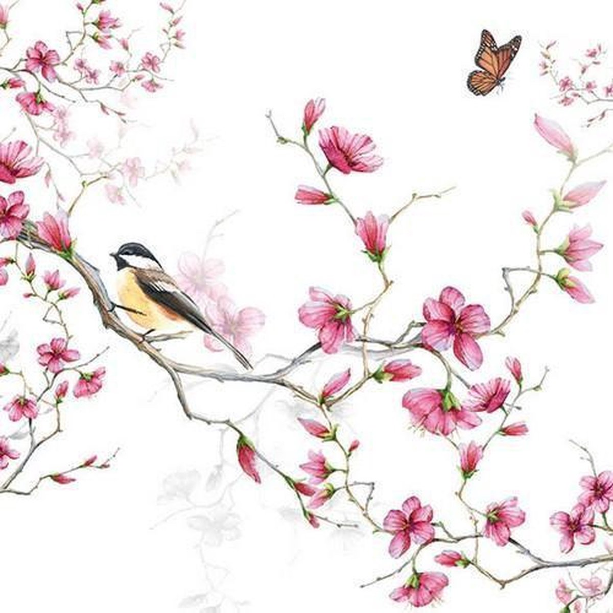 CraftEmotions servetten 5st - Vogel en bloesem 33x33cm Ambiente 13311215