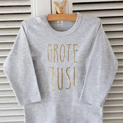 Aankondiging zwangerschap Shirt  grote zus | lange mouw| grijs met goud | maat 92