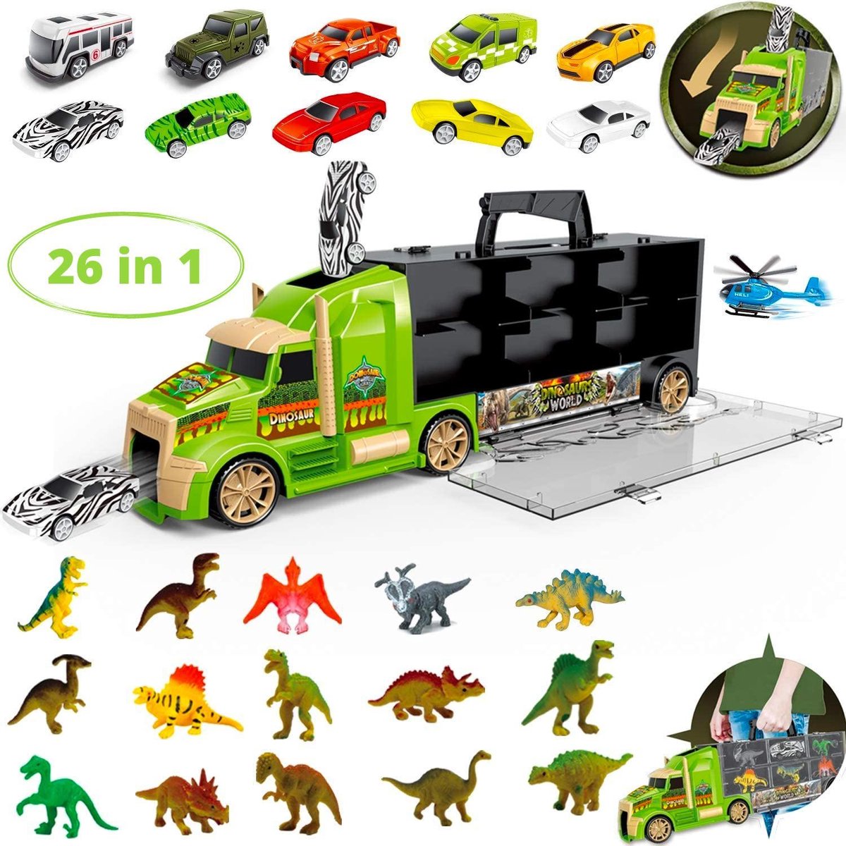 Allerion Dinosaurus Auto XL Speelgoedset - 26 delig – Inclusief Opbergkoffer – Met dinosaurussen