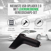 Allernieuwste 3-in-1 Autolader 2 USB Poorten - Lifehammer auto - Veiligheidshamer Gordelsnijder Ruitenbreker - 12V-24V 2.4A x2 - Vaderdag