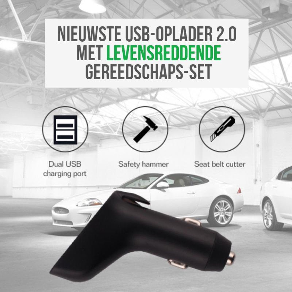 Allernieuwste 3-in-1 Autolader 2 USB Poorten - Lifehammer auto - Veiligheidshamer Gordelsnijder Ruitenbreker - 12V-24V 2.4A x2 - Vaderdag
