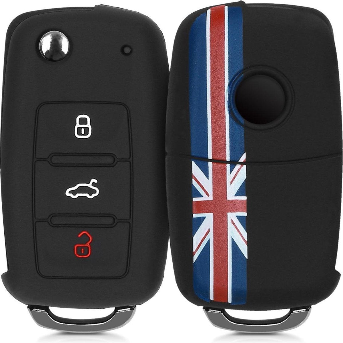 kwmobile autosleutelhoes voor VW Skoda Seat 3-knops autosleutel - Siliconen beschermhoes in rood / blauw / zwart - Union Jack met Strepen design