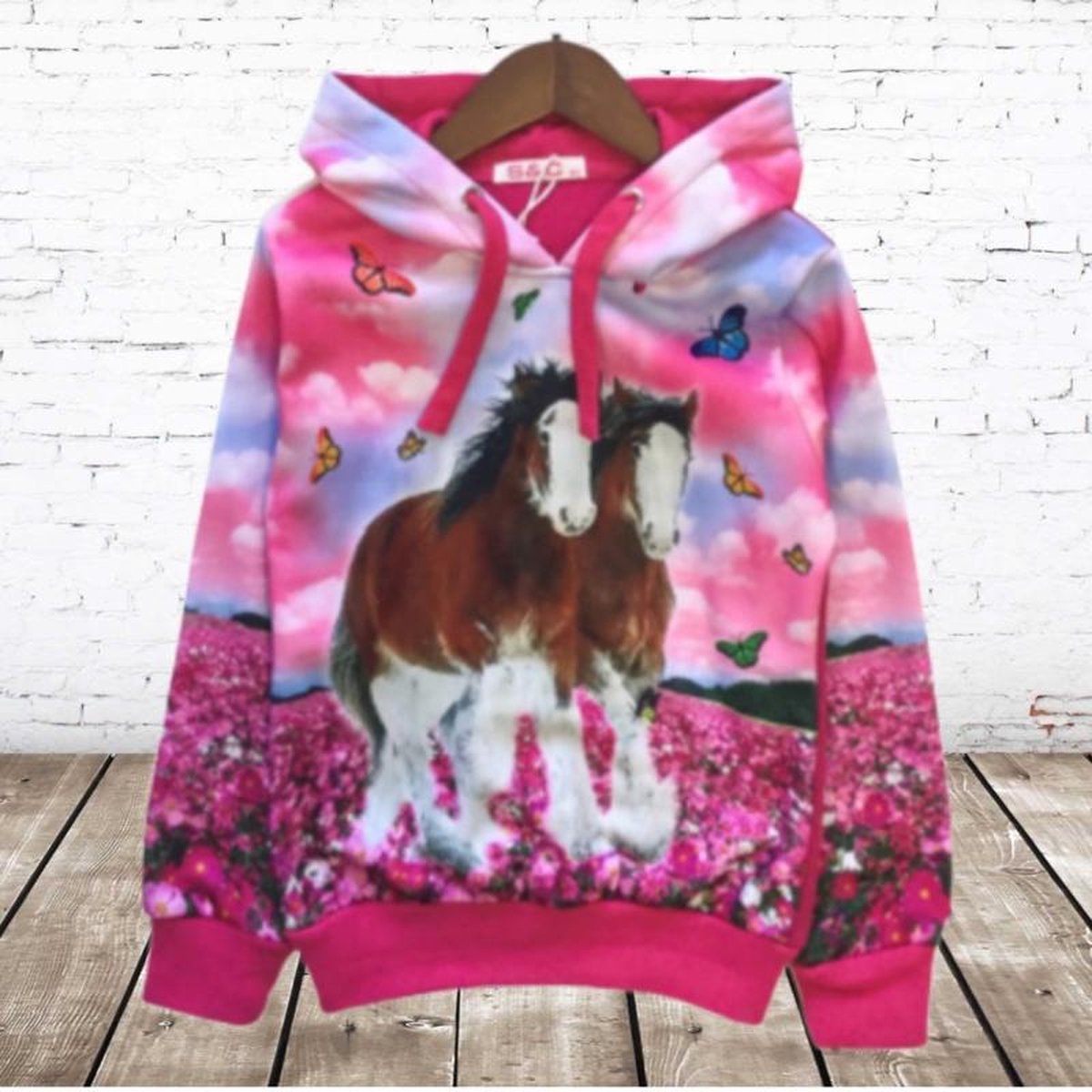 S&C Fel roze meisjes trui met bruin paard H22 - 110/116