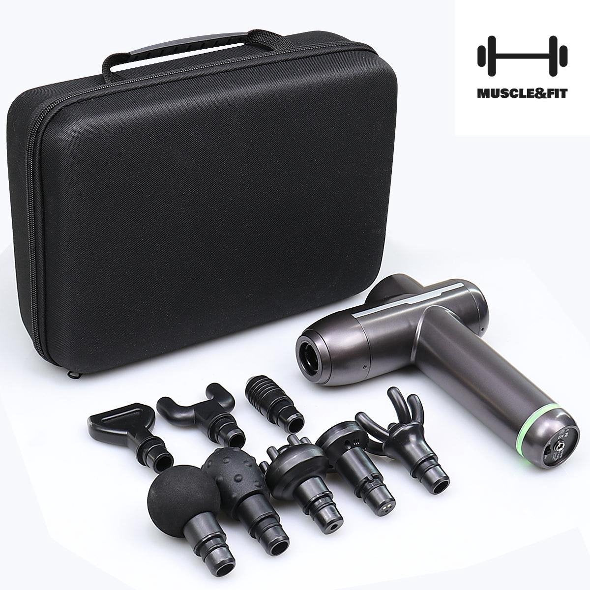 MUSCLE&FIT® - Professionele massage gun -  warmte functie - Stille massage - Massagegun - 8 Verschillende standen - 24v 2500 mAh - Lichaamsmassage - Been Massage - Nek Massage - Rug Massage - Massageapparaat - 8 Verschillende opzetstukken- TRAVELCASE
