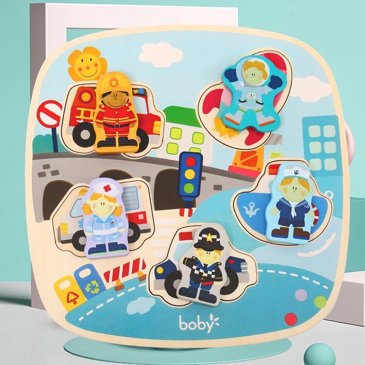 3-in-1 Boby Magnetische Houten Puzzel & Visspel & Fishing Game - Stedelijk Vervoer: Koppeling beroep en auto