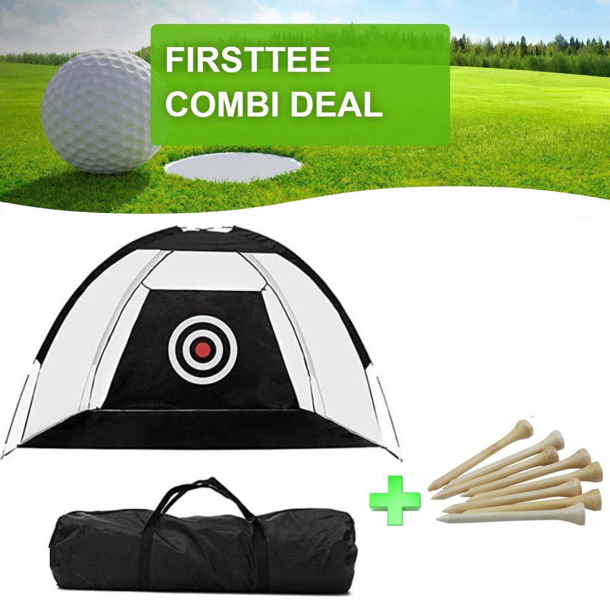 Firsttee - COMBI DEAL - Chippingnet (2m) & 25 Bamboe Tees (70MM) - Golf accessoires - Cadeau - Sport - Training - Golftrainingsmateriaal - Golfset - Golfclub - Golfballen - Trainingsmaterialen - Mat - Putting - Net - Afslaan - Golfballen - Tee
