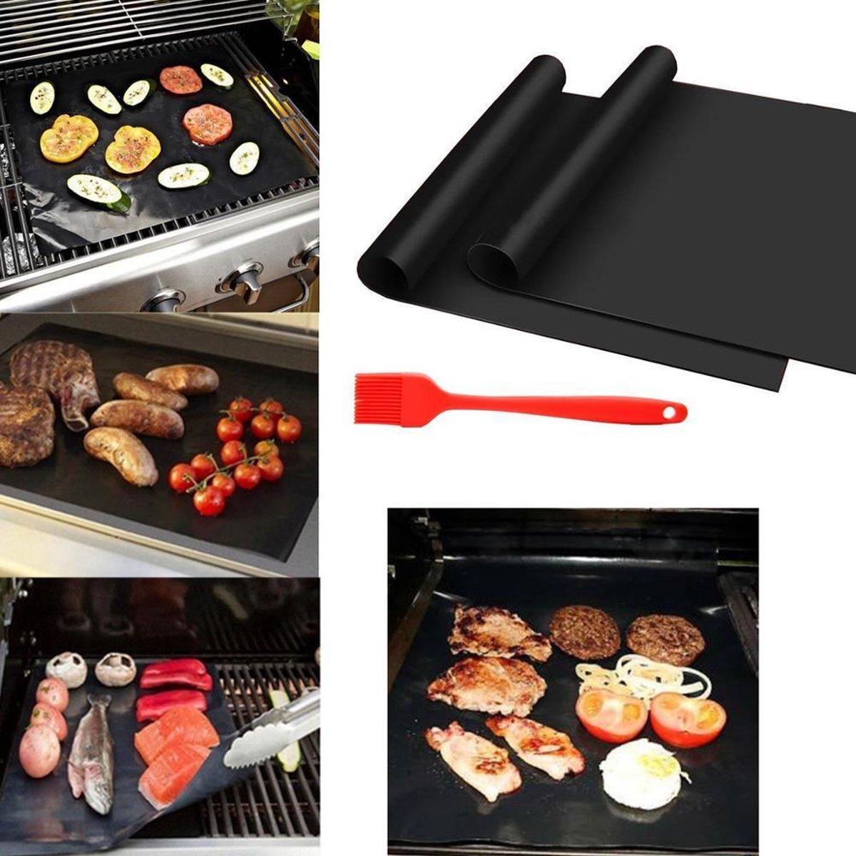 Bbq Grill Mat 3 stuks met gratis Siliconen Kwast  - Bbq Mat - Bbq - Bbq Accessoires - Bakplaat Beschermer - Cadeau