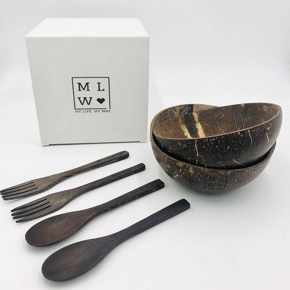 MLMW - Kokosnoot Kom Origineel MEDIUM Set - Coconut Bowl Original MEDIUM Set - 450 ML - Handgemaakt - Uniek - Duurzaam - 100% Natuurlijk - Set van 2 inclusief Acacia houten lepel en vork - geschikt voor smoothie bowls
