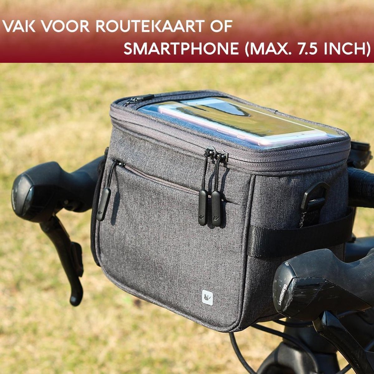 Compacte Fietstas - Telefoontas (max. 7.5 Inch) - Koeltas (4.5L) - Stuurtas - Multifunctioneel - Licht (390 gram) - Donkergrijs