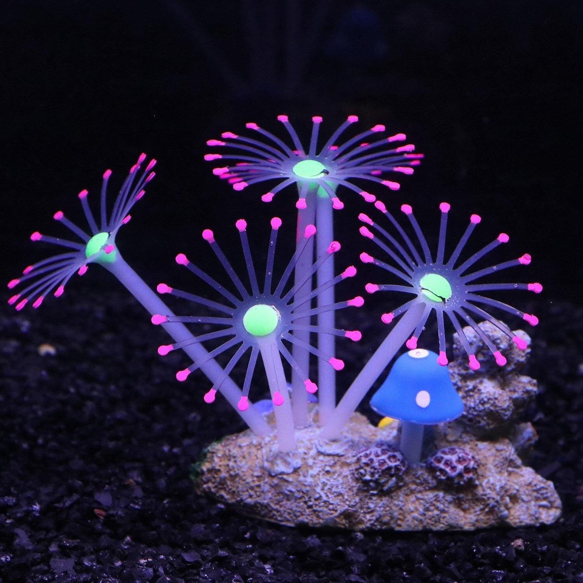 Dierplezier - Aquarium decoratie - Koraal - Plant Fluo - Planten voor aquarium plastiek - Mooie neon planten - Roze bloemen met paddenstoel