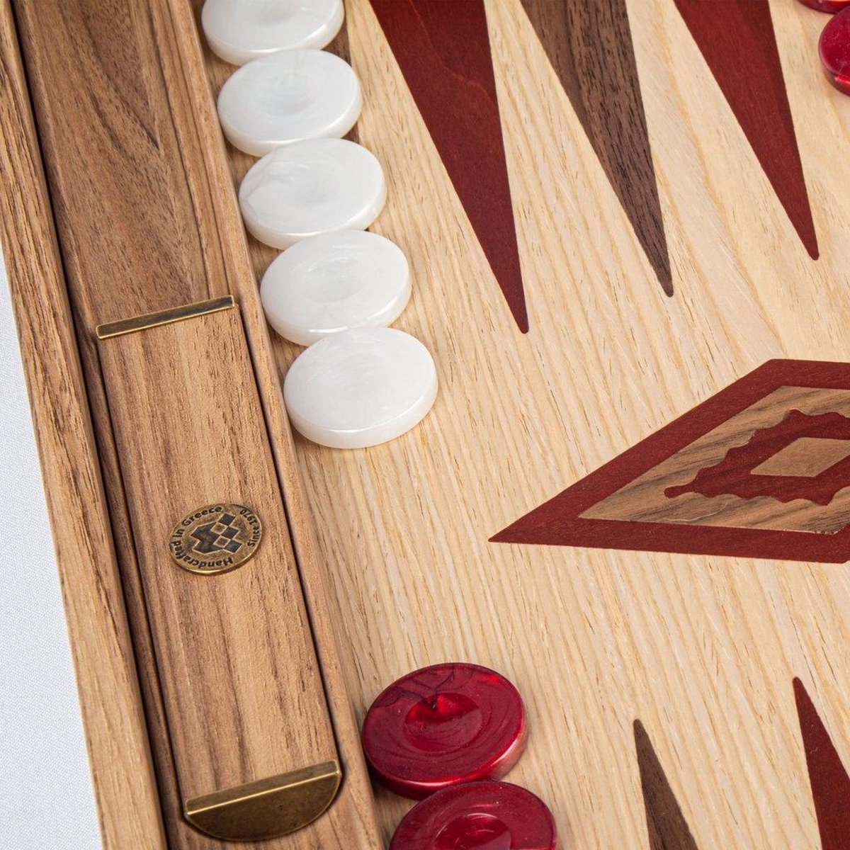 Backgammon Rood accenten - Eik en Walnoot - Prachtig 48x30cm -48x60cm kist Top Kwaliteit Klasse en Geweldig