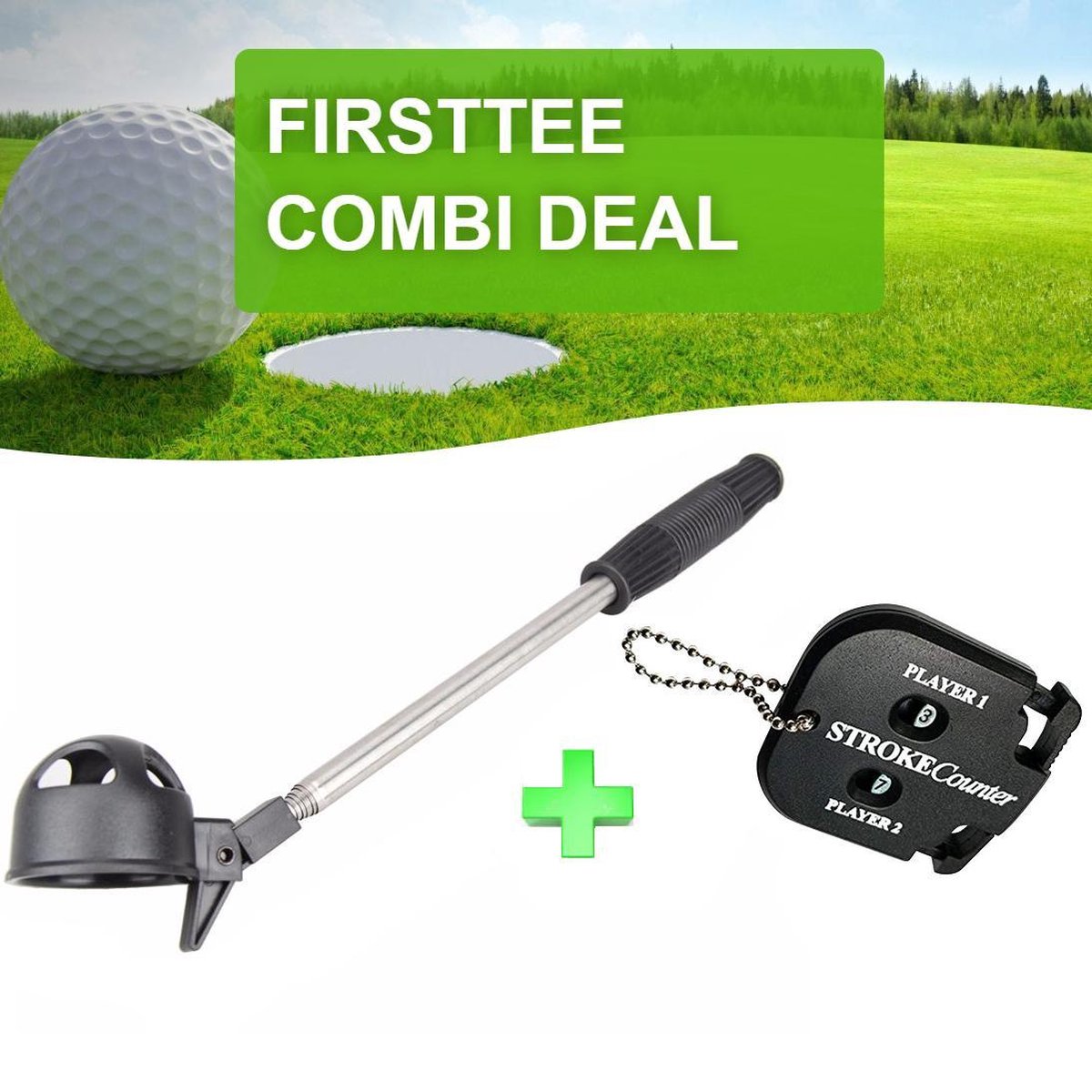 Firsttee - COMBI DEAL - AANBIEDING - Scoreteller & Golfbalhengel - Handteller - Slagenteller - Ball retriever - Golfhengel - Golf accessoires - Golftrainingsmateriaal - Golfsport - Golf training - Cadeau - Golfballen - Golfset - Trainingsmaterialen