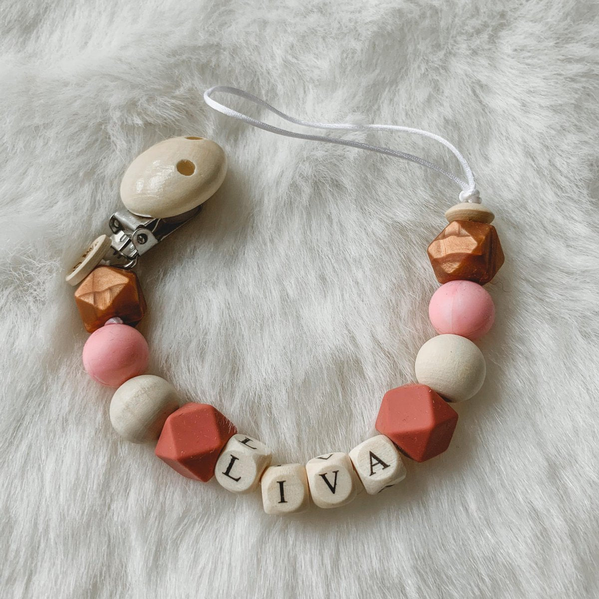 Babybeads - Speenkoord met naam - Brons met roze