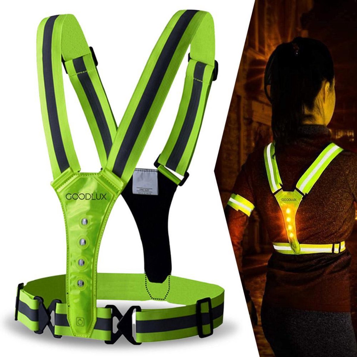 Goodlux hardloopvest met verlichting – Hardloophesje - Hardloop verlichting – Hardloop lampjes – Hardloop licht – Reflectie hardlopen – Veiligheidshesje – Veiligheidsvest - Running Light - Wandel verlichting