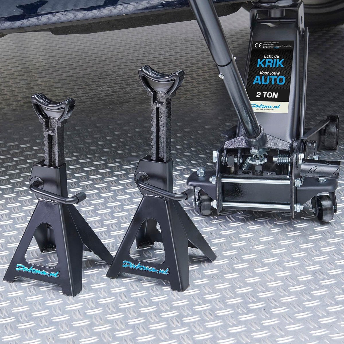 Datona® Autokrik 2 ton + set assteunen - Mat Zwart
