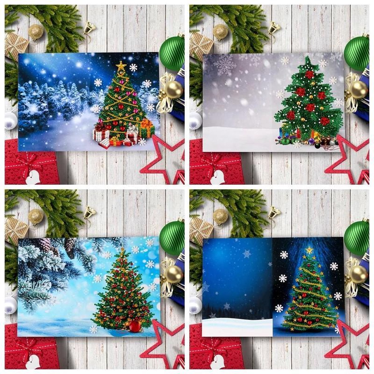Kerstkaarten Diamond Painting - Kerstbomen - 4 Stuks - Hobby