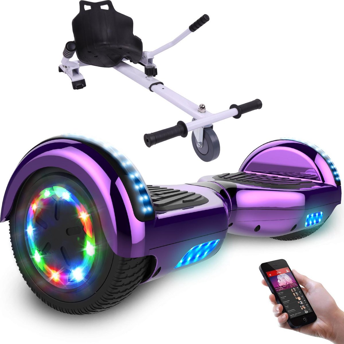 Evercross Hoverboard 6.5 Inch | Flits Wielen | Bluetooth Speaker | LED verlichting | Paars Chroom + Hoverkart Wit