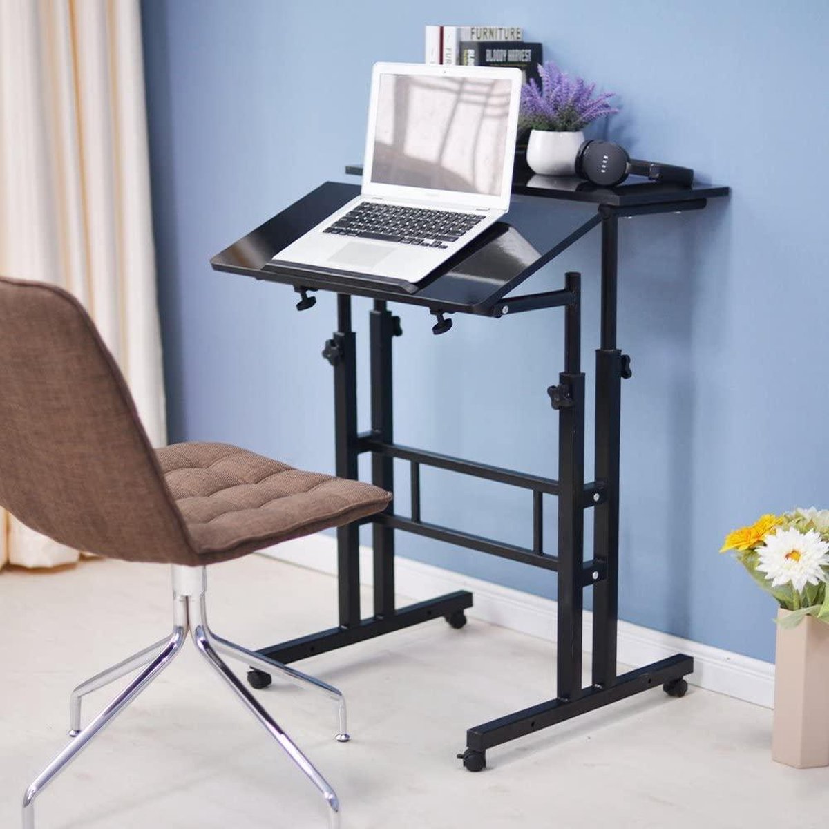 HN® Zit-Sta Laptoptafel Zwart | Tablet- werk en Computertafel | In hoogte verstelbaar | Multifunctioneel | Laptop tafel op wieltjes | 70 cm tot 115 cm | Bijzettafel Bureau
