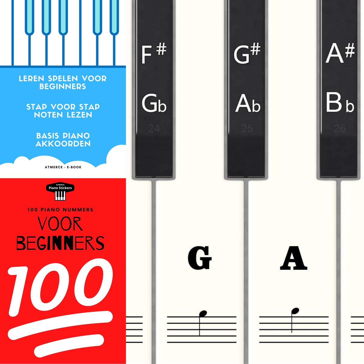 Piano stickers  - Leren spelen - Voor beginners - eenvoudig leren spelen - Pianolessen lesboek - Muziek noten - 88 - Keyboard - Witte en zwarte toetsen