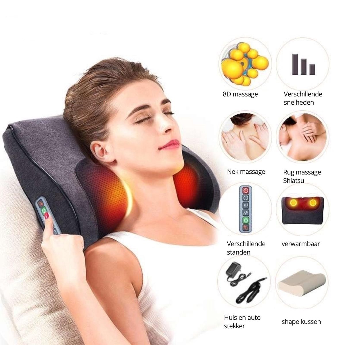 Elektrisch Shiatsu nek - en schouder massage kussen - verwarmbaar - 16 Roterende ballen - Intensiteit variabel - Apparaat geschikt voor Nek/ Schouders/ Rug/ Benen/ buik/ voeten - Zwart