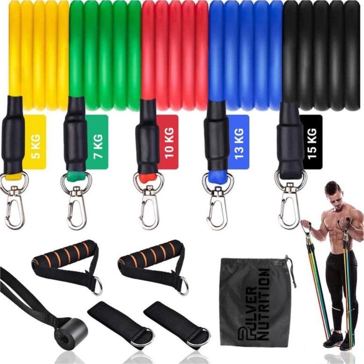 fitness elastiek - Sportelastieken - Elastieken weerstandsbanden set – Weerstandsbanden – Home workout – Thuis Sporten – Fitness – Resistance bands – Trainingsset – Krachtraining - Pulvernutrition