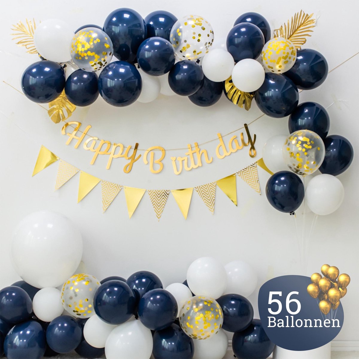 Sellaio Ballonnenboog met Slingers – Blauw met Goud - Ballonnen verjaardag – Versiering- Babyshower  – Inclusief strip en pomp – Complete set – 56 Ballonnen