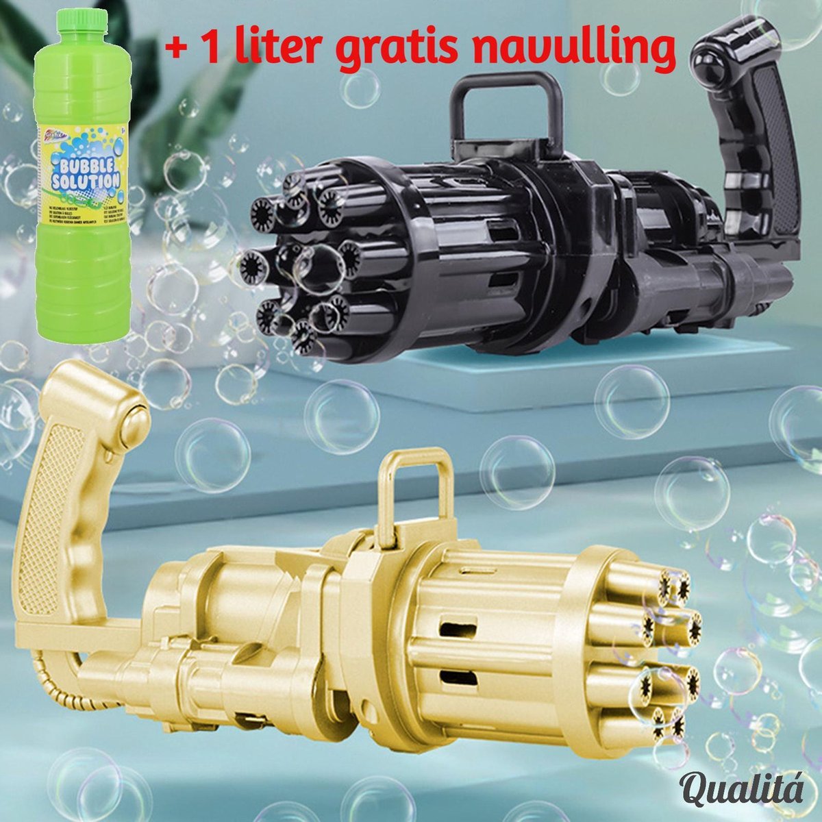 Qualitá Bellenblaas - Bellenblaas Pistool - Bellenblaasmachine - Bellenblazer - Bellenblaas Speelgoed - Zwart + 1 liter gratis navulling