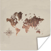 Muurdecoratie - Wereldkaart - Hout - Kompas - 50x50 cm - Poster
