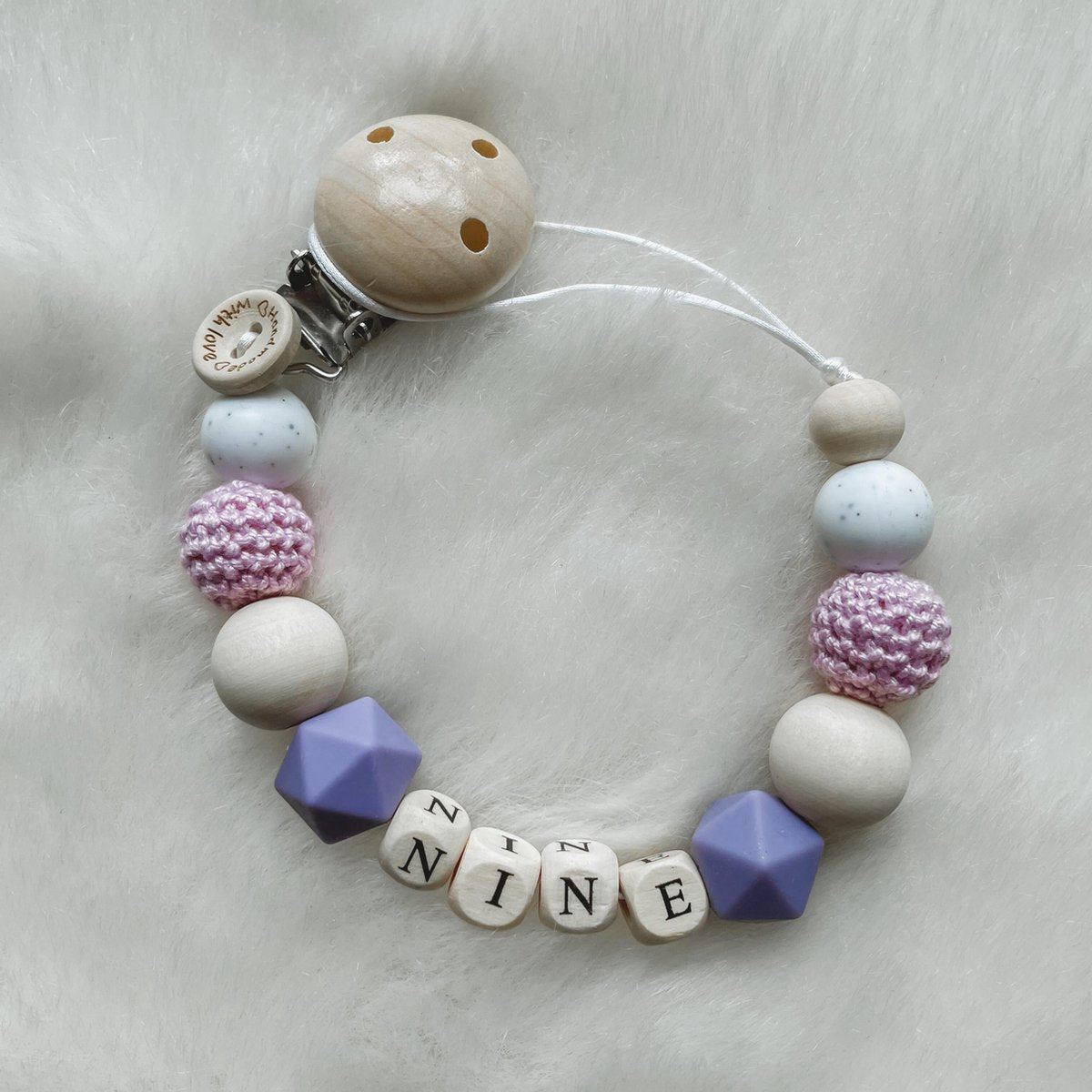 Babybeads - Speenkoord met naam - lila/paars met wit