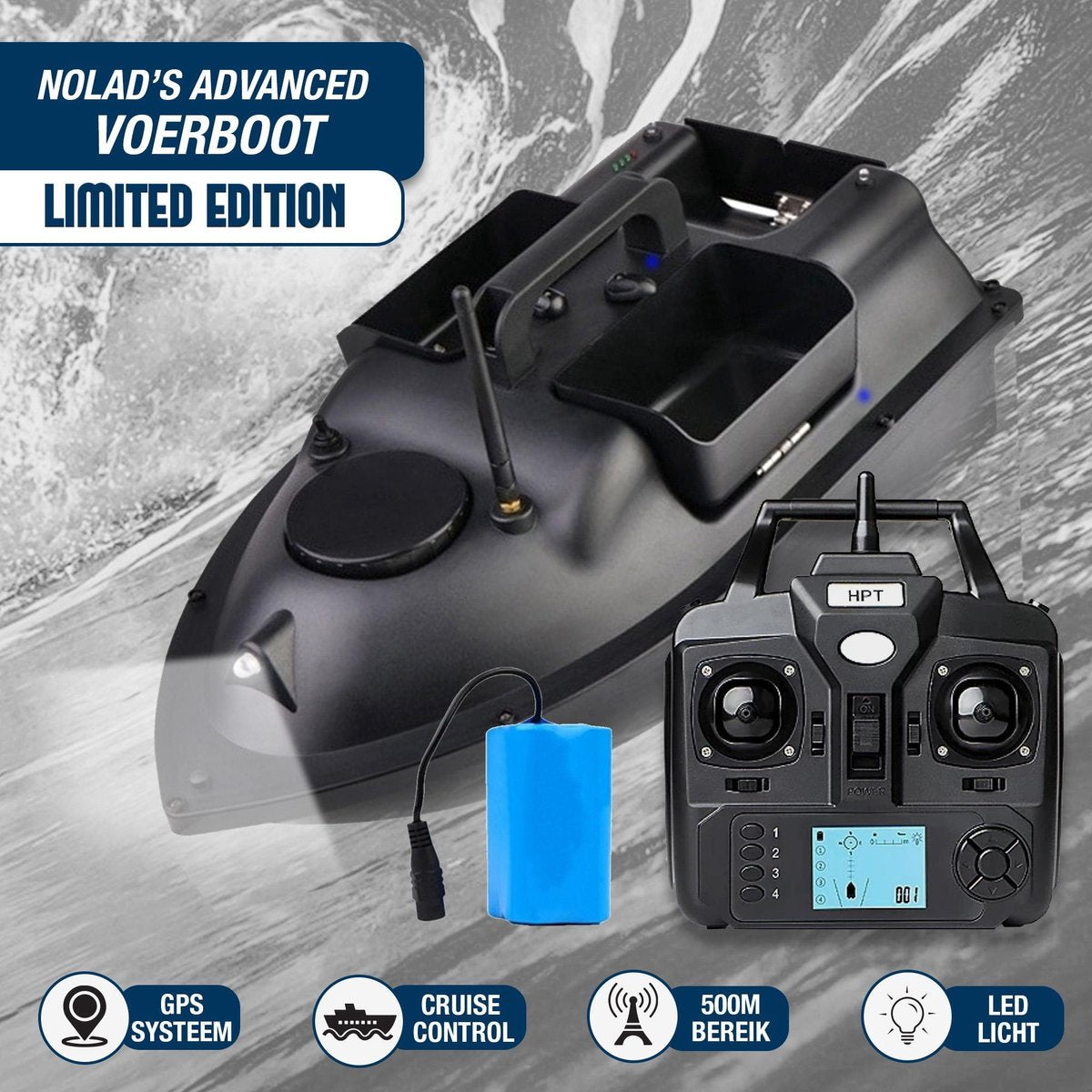 Nolad® Advanced Voerboot - 3 voerbakken - 4.0 KG Laadvermogen - 500M bereik - Incl. GPS -  6 uur accu – Cruise Control - 4 positioneringspunten - Hook release - voerboot karper - Afstandsbediening - Karper Voerboten – Bestuurbare Boot - Karpervissen