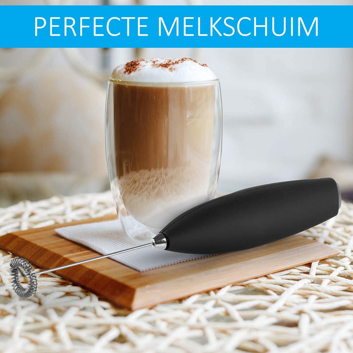 VITAMO™ Melkopschuimer voor perfect melkschuim - Handmatige melk opschuimen - Elektrisch - RVS - Zwart
