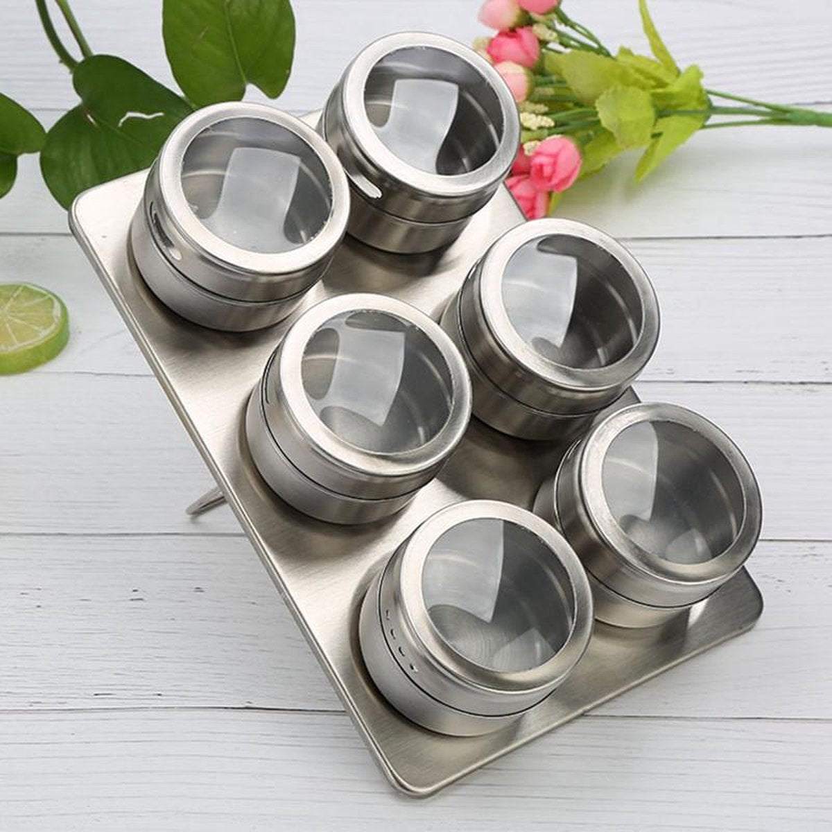TDR - Roestvrijstale Magnetisch Kruidenrek met 6 kruidenpotjes-kruiden en specerijen rek -silver