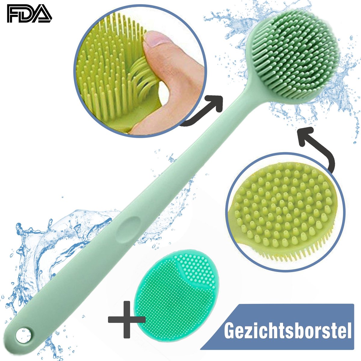 Badborstel met Steel Tegen Cellulite Rugborstel Siliconen Droogborstel - Dry Brush Borstel - Doucheborstel Badkamer Accessoires - Huidborstel Origineel Groen -  Balneo®