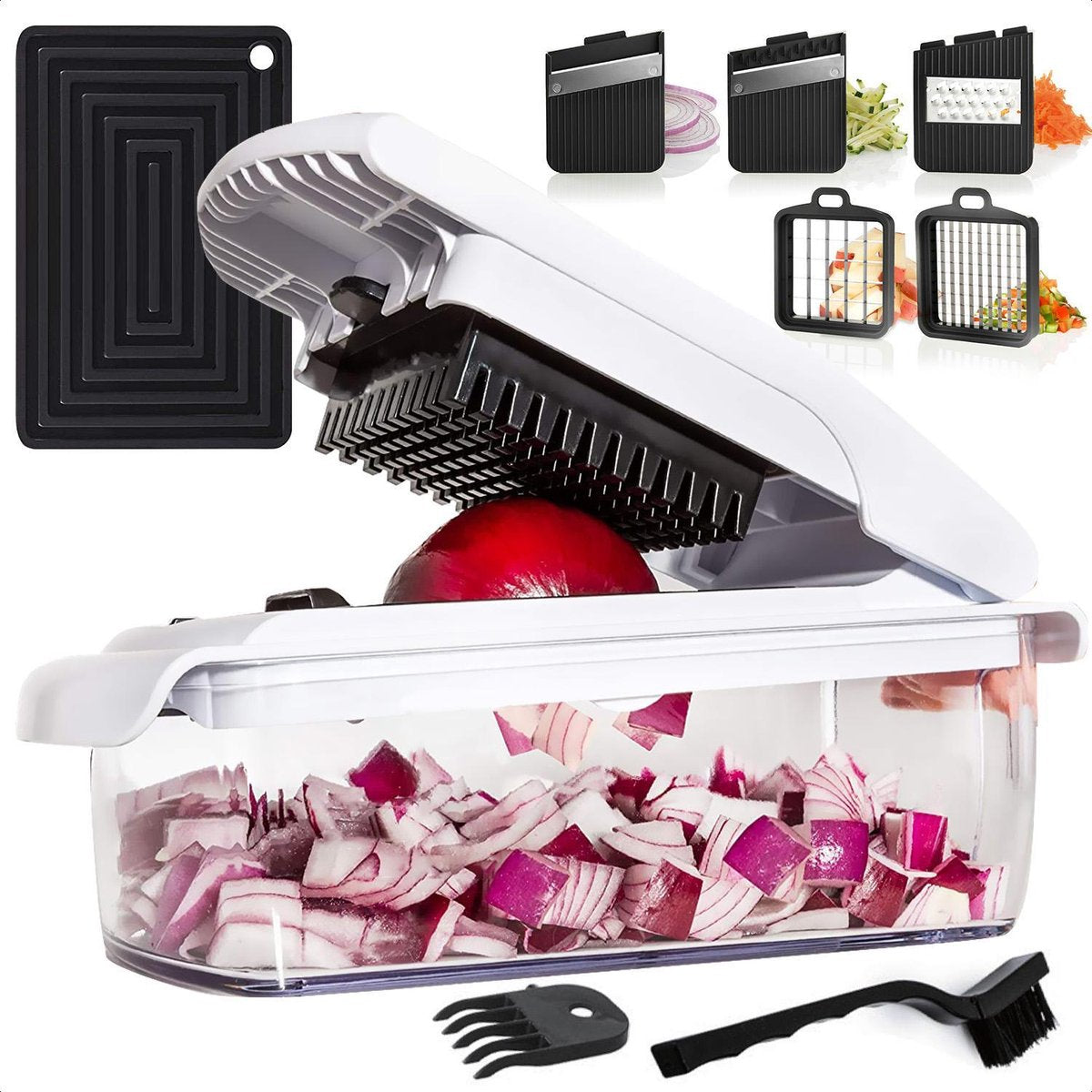 Lekro Multifunctionele Groentesnijder + Ovenschaal - Mandoline - Uiensnijder - Groentesnijder - Siliconen anti-slip mat - Glas & RSV